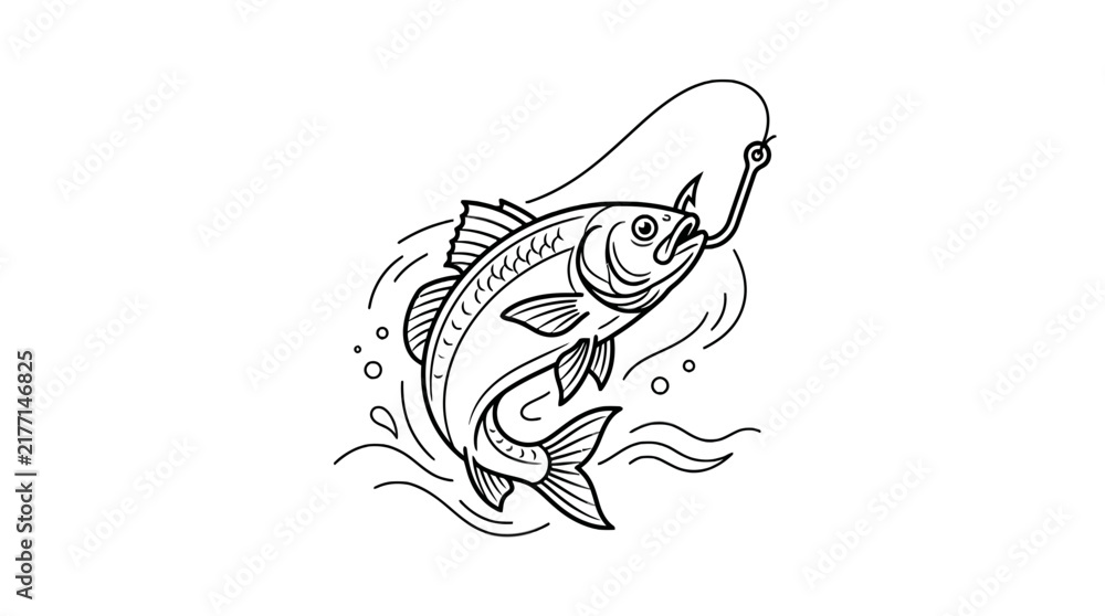 Naklejka premium Fish catching on a hook - Black and white outline vector illustration