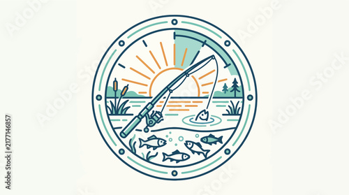Fishing Badge Logo - Sunset Lake Adventure and Outdoor Hobby Concept