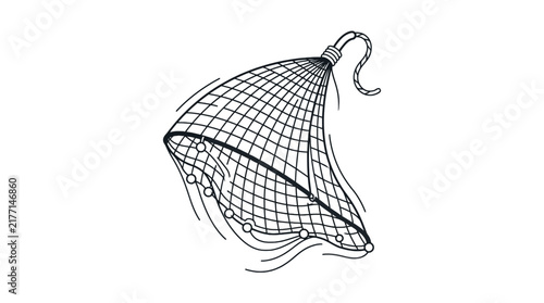 Fishing net line art icon - monochrome vector illustration of equipment