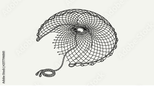 Cast net drawing - vintage fishing net illustration on white background