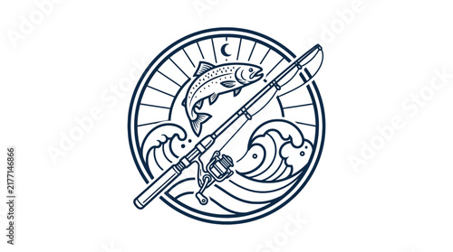 Fishing Badge Logo - Vintage Trout and Rod Emblem Graphic
