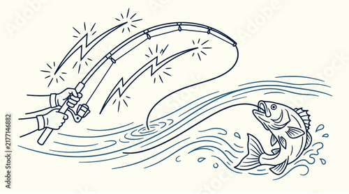 Fishing rod catching a fish - outline vector illustration