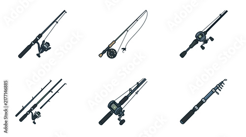 Fishing Rod Icon Set - Fishing Gear and Equipment Vector Illustration