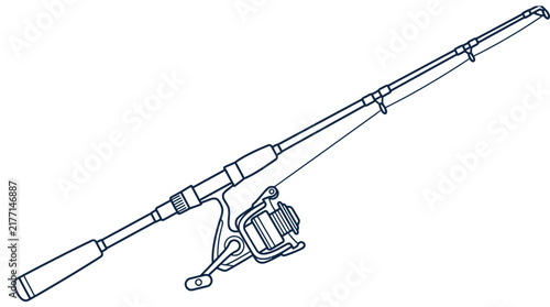 Fishing rod with spinning reel - line art vector illustration