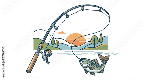 Fishing Rod Catching a Fish - Vector Illustration of Sunset Landscape