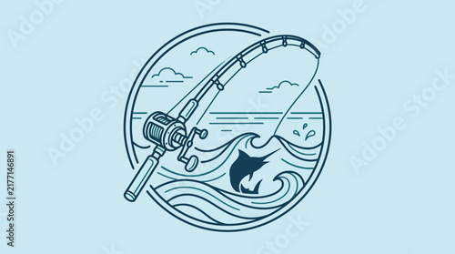 Fishing rod and fish catching concept badge - vector line art emblem