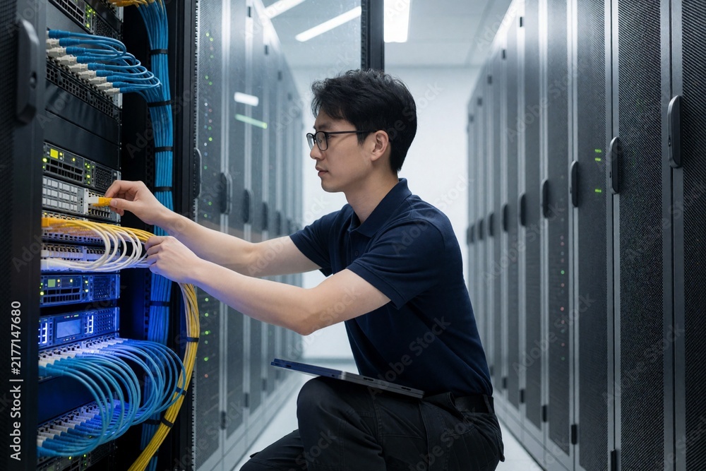 Fototapeta premium IT Technician Plugging Fiber Optic Cable into Server Rack