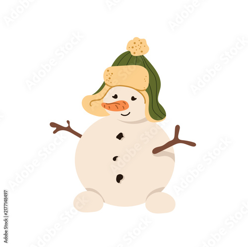 Cute smiling snowman character wearing green hat with earflaps and pompon with carrot nose isolated on white background. Winter holiday vector illustration