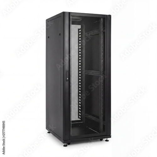 Obraz na płótnie Empty Server Rack: A tall, black, empty server rack with a glass door is shown in an isolated studio setting.