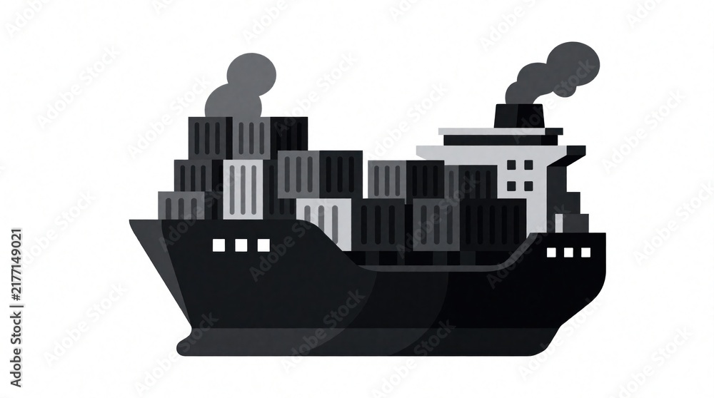 Fototapeta premium Large cargo ship moves through water releasing smoke from stack. Vessel carries stacked containers on deck. Illustration for logistics and global trade.