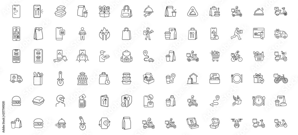 Fototapeta premium line style food delivery and takeout service icon set including mobile ordering, delivery scooter, food packaging, grocery bag, and map navigation on transparent background