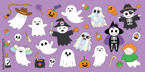 Photography Halloween Cartoon Collection: A vibrant assortment of charming cartoon ghosts, pumpkins, and spooky characters in a playful Halloween theme, perfect for festive decorations and designs