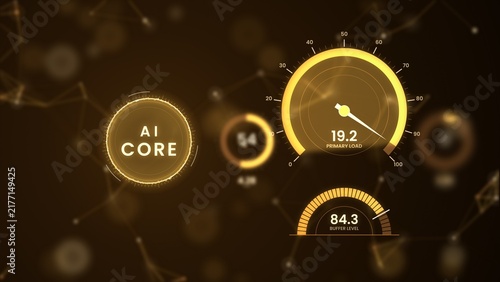 Bild auf Leinwand AI core dashboard with a glowing gold gauge, primary load dial, and buffer level