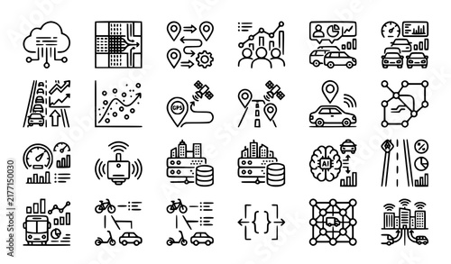 Set of hand drawn smart city and transportation technology icons representing data analytics traffic management and urban connectivity
