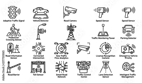 Set of smart city traffic management and intelligent transportation system icons in a clean line art style