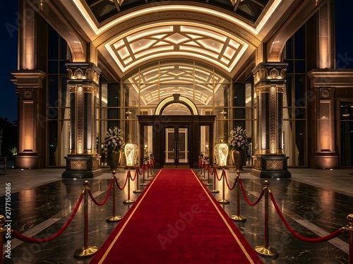 Luxurious hotel lobby interior with red carpet and ornate golden architecture at night