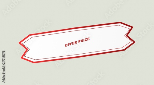 A red hexagonal price tag displays text against a light gray background
