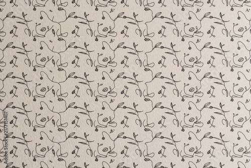 Seamless pattern of hand-drawn botanical line art on textured beige pa