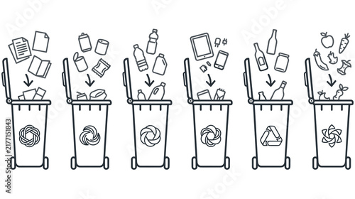 Foto Waste sorting bins linear icons for recycling and waste management infographic