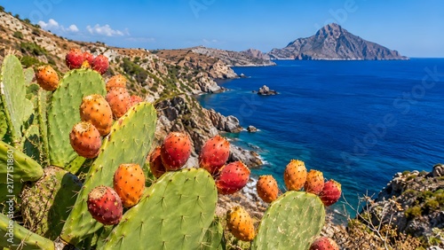 Prickly pear cactus with vibrant ripe fruits on rocky coastline with blue sea in Sicily