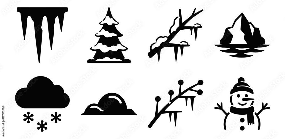 Fototapeta premium Winter themed icon set featuring snowman, snow-covered tree, icicles, snowy branch, snow cloud, and iceberg on transparent background