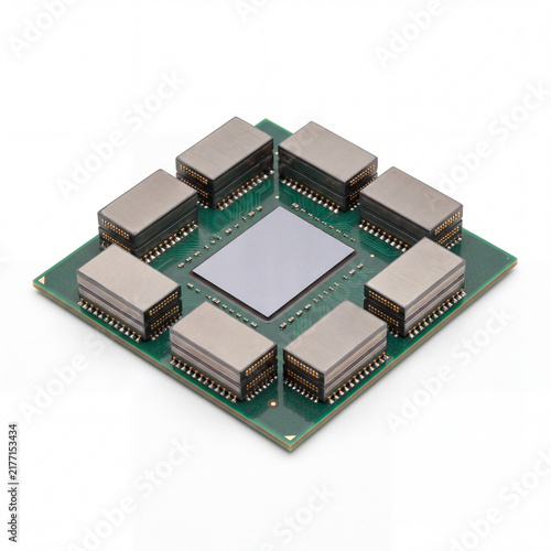 Obraz na płótnie Central Processing Unit: A complex CPU with eight integrated modules arranged around a central chip, showcasing advanced electronic engineering and computational power.