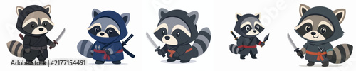 Cute vector collection of a raccoon in a ninja costume, ninja costume animal theme