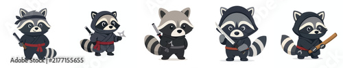 Cute vector collection of a raccoon in a ninja costume, ninja costume animal theme