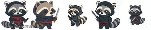 Cute vector collection of a raccoon in a ninja costume, ninja costume animal theme