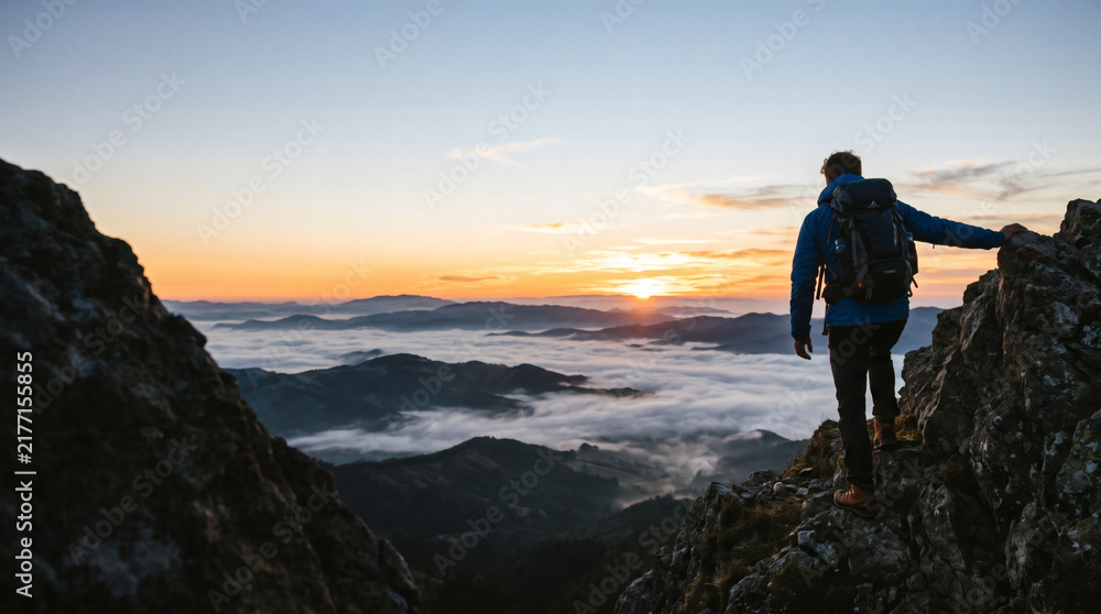 Obraz premium never give up motivation concept mountain sunrise victory inspirational business presentation background with copy space for text hope persistence struggle winning spirit success journey dark sky gold