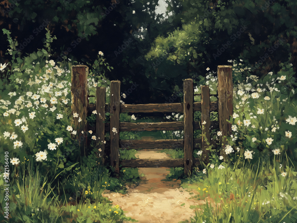 Obraz premium Lush Summer Garden Landscape with White Bell Flowers, Mature Trees and Sunlit Meadow, Serene Botanical Countryside Scene in a Traditional Plein-Air Oil Painting Style with Vintage Fine Art Texture