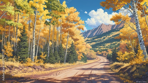 黄金色のアスペンと針葉樹に囲まれた秋の山道、紅葉の風景を描いたベクターイラスト