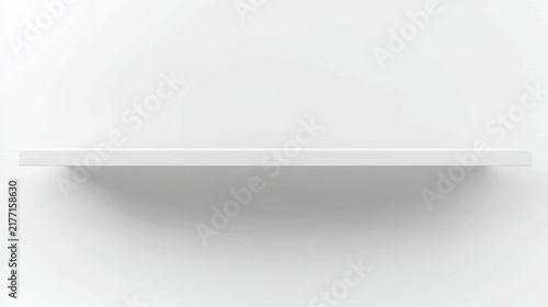 A sleek white floating shelf against a bright, minimalist white wall, with a subtle shadow underneath