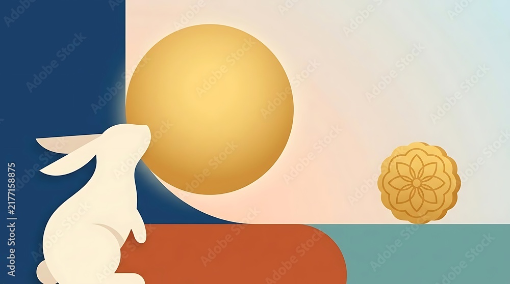 Obraz premium Minimalist Mid-Autumn Festival Illustration Featuring a Traditional Jade Rabbit and Golden Full Moon with Festive Mooncake Design