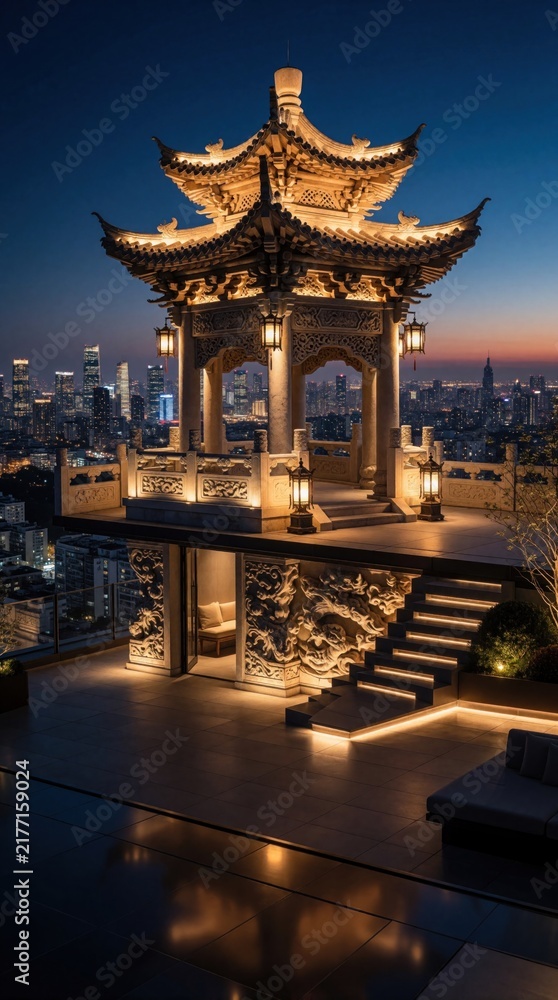 Obraz premium Elegant ancient Chinese pavilion stands on modern rooftop terrace at dusk. Ornate stone structure with warm lights overlooks glowing city skyline. Urban luxury terrace features luxury lounge area,