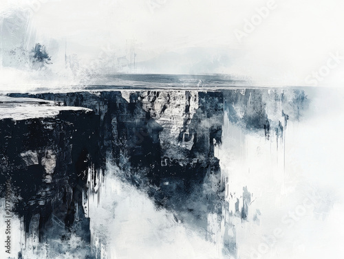 A textured, dark cliff edge overlooks a hazy horizon, its lower half abstractly dissolving into flowing white mist and drips