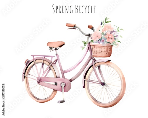 Spring Bicycle with Flower Basket Watercolor Illustration