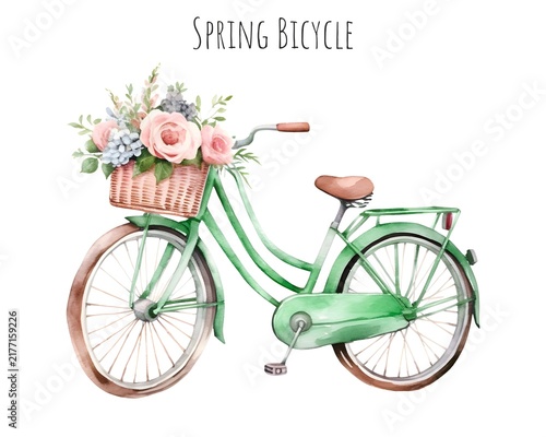 Spring Bicycle with Flower Basket Watercolor Illustration