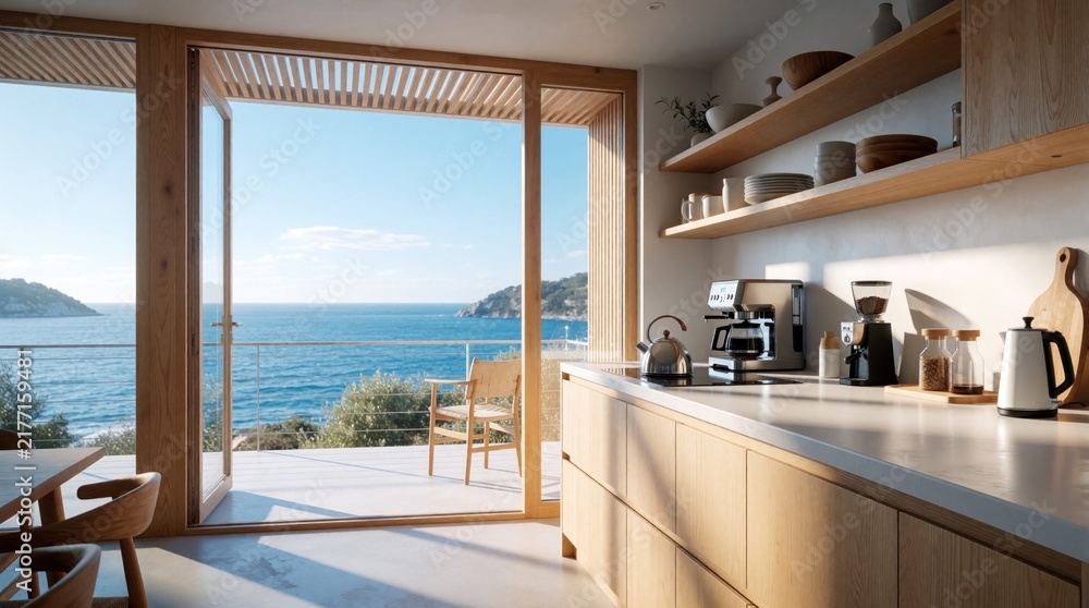 Obraz premium Modern bright kitchen interior with wooden cabinets, white countertop. Large glass door opens to terrace with view of blue sea. Minimalist design features coffee machine, kettle, shelves. Luxury