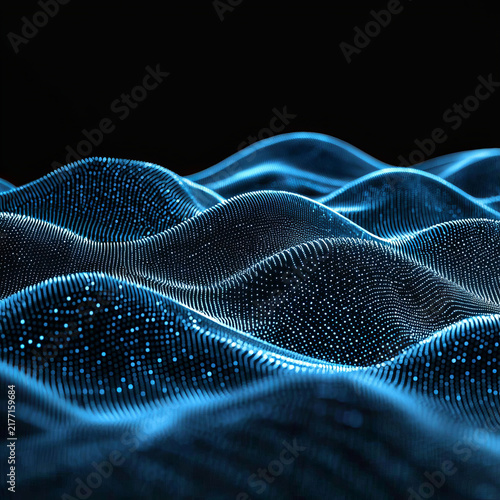 Abstract blue digital waves formed by glowing particles against a dark background, creating an undulating futuristic data visualization