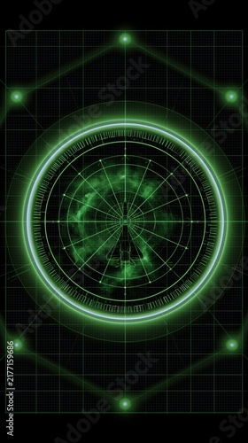 Glowing green circular radar display above reflective dark surface with aircraft blip, concentric rings, grid lines, target echoes, and futuristic tactical interface