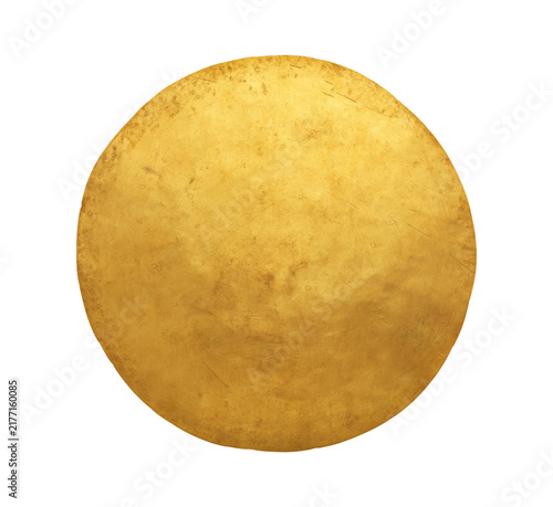 Canvastavla Isolated worn and aged gold disc with a heavy patina, featuring numerous scratches, scuffs, and surface imperfections
