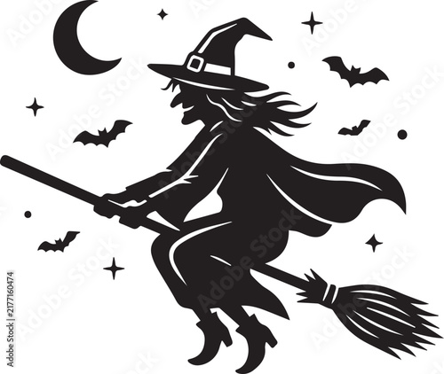 Witch flying on broomstick with bats Halloween silhouette vector isolated