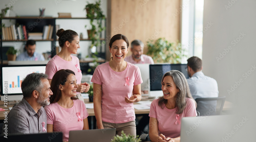 Obraz premium Office environment with employees wearing pink ribbons for Pink October Breast Cancer Prevention Awareness