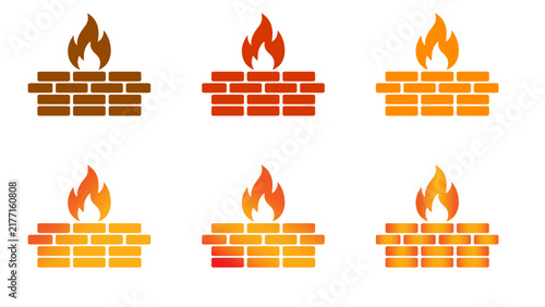 Firewall Security Icon Set with Fire and Brick Wall