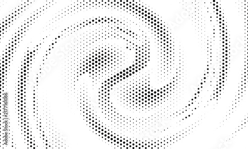 Abstract black and white halftone spiral pattern with swirling dots for modern graphic design background