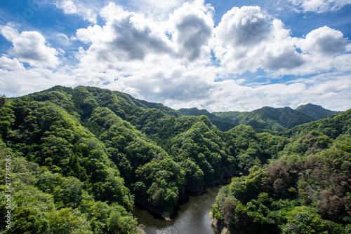青空と白い雲が広がる初夏の美しい山々と豊かな森林の風景