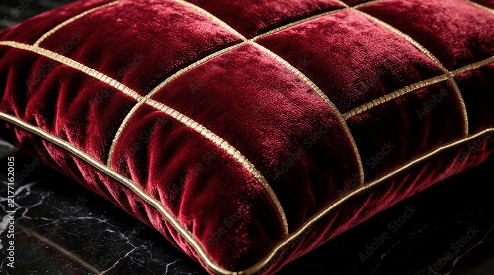Obraz premium Deep red velvet cushion features diamond quilting with gold trim. Rich texture adds luxury and comfort to interior decor. Ideal for sofa or bed.