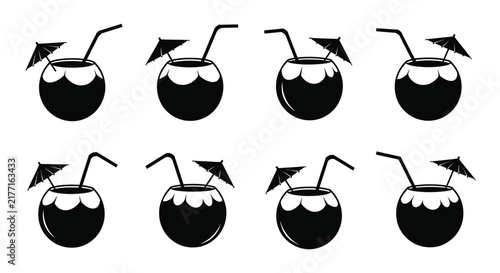 Coconut Drink Silhouettes With Straws And Umbrella Black On White