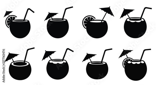 Coconut Drink Silhouettes With Straws And Lime Black On White